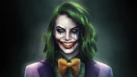 Arte digital de un supervillano sonriente con cabello verde y traje púrpura