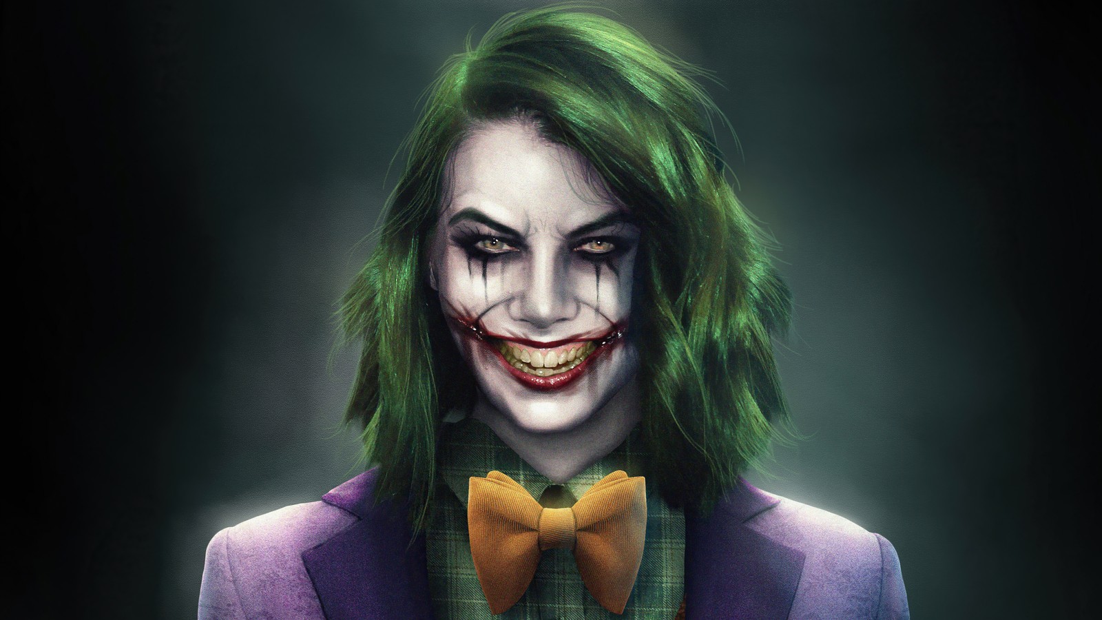 Joker with green hair and bow tie in a dark room (the joker, the walking dead, art, digital art, supervillain)