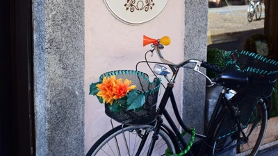 Vintage-Fahrrad geschmückt mit lebhaften Blumen in einem dekorativen Korb.