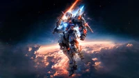 Episches Gundam-Mecha in einem kosmischen Kampf