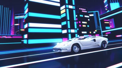 Lamborghini Countach dans un paysage urbain synthwave vibrant, illuminé par des lumières néon.