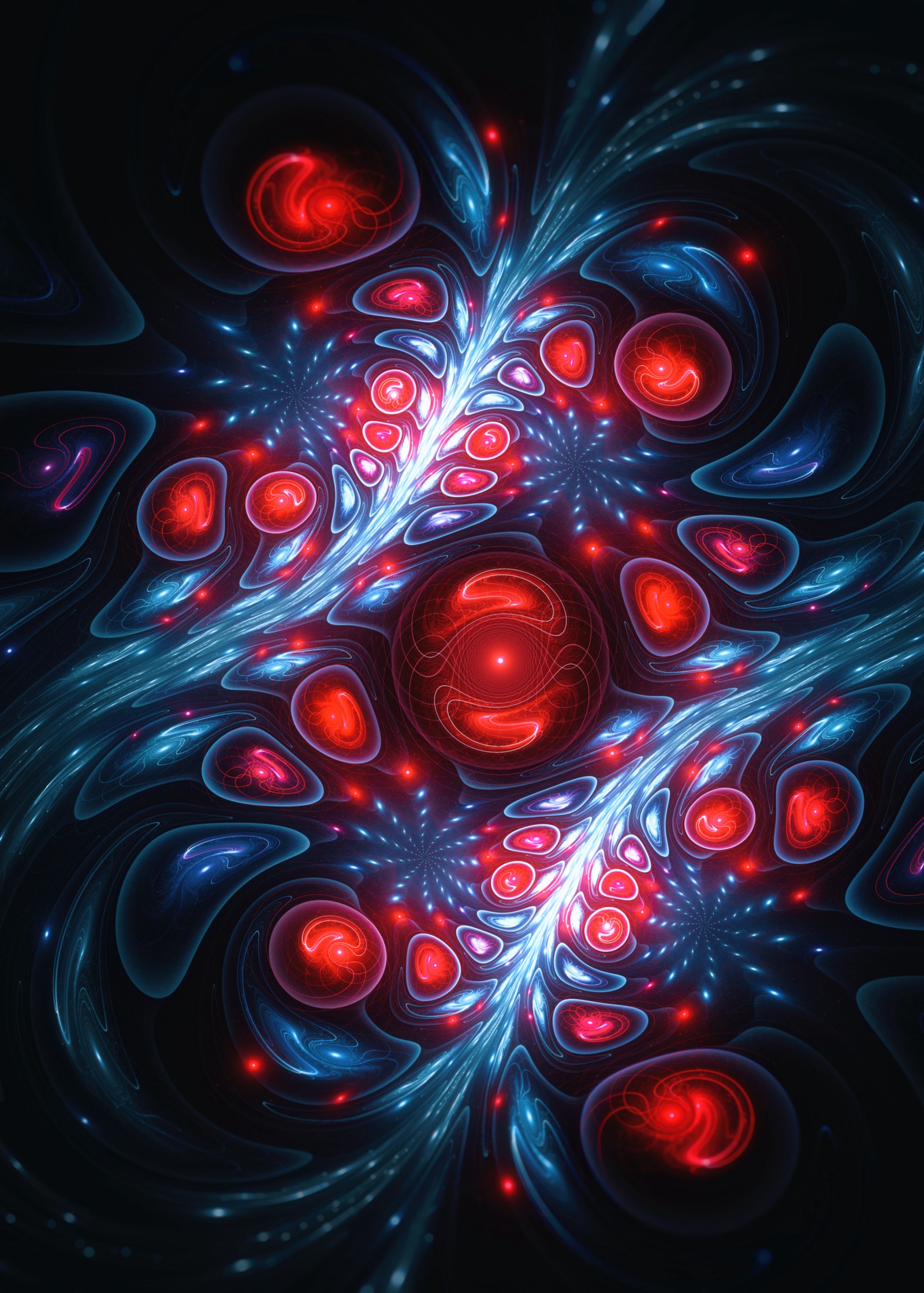 Un primer plano de una imagen generada por computadora de una flor roja y azul (fractal, arte fractal, arte psicodélico, agua, rojo)