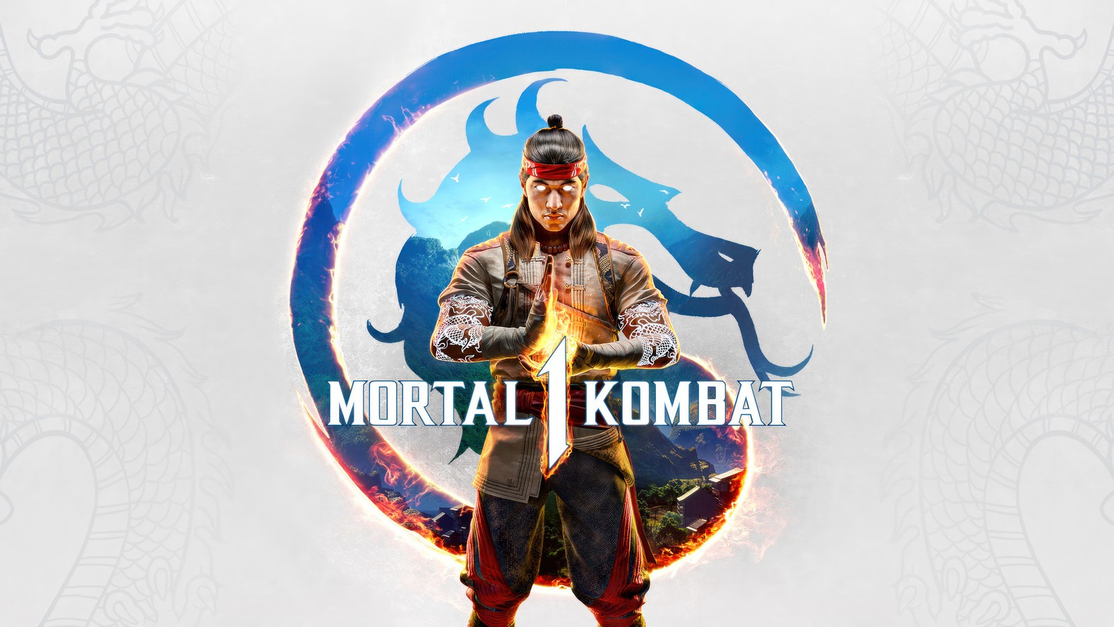 Logo de mortal kombat con un hombre con un sombrero y una espada (mortal kombat 1, videojuego, dios del fuego liu kang, fire god liu kang)