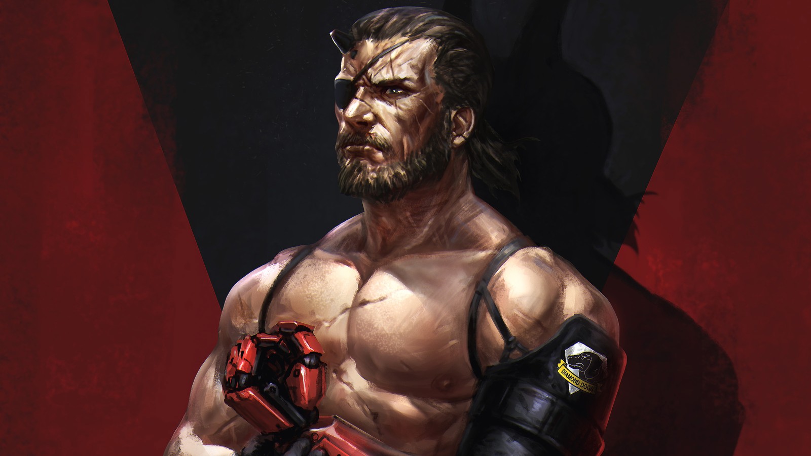 Un gros plan d'un homme avec une barbe et un gant (metal gear solid, metal gear 2 solid snake, poitrine, muscle, pc game)