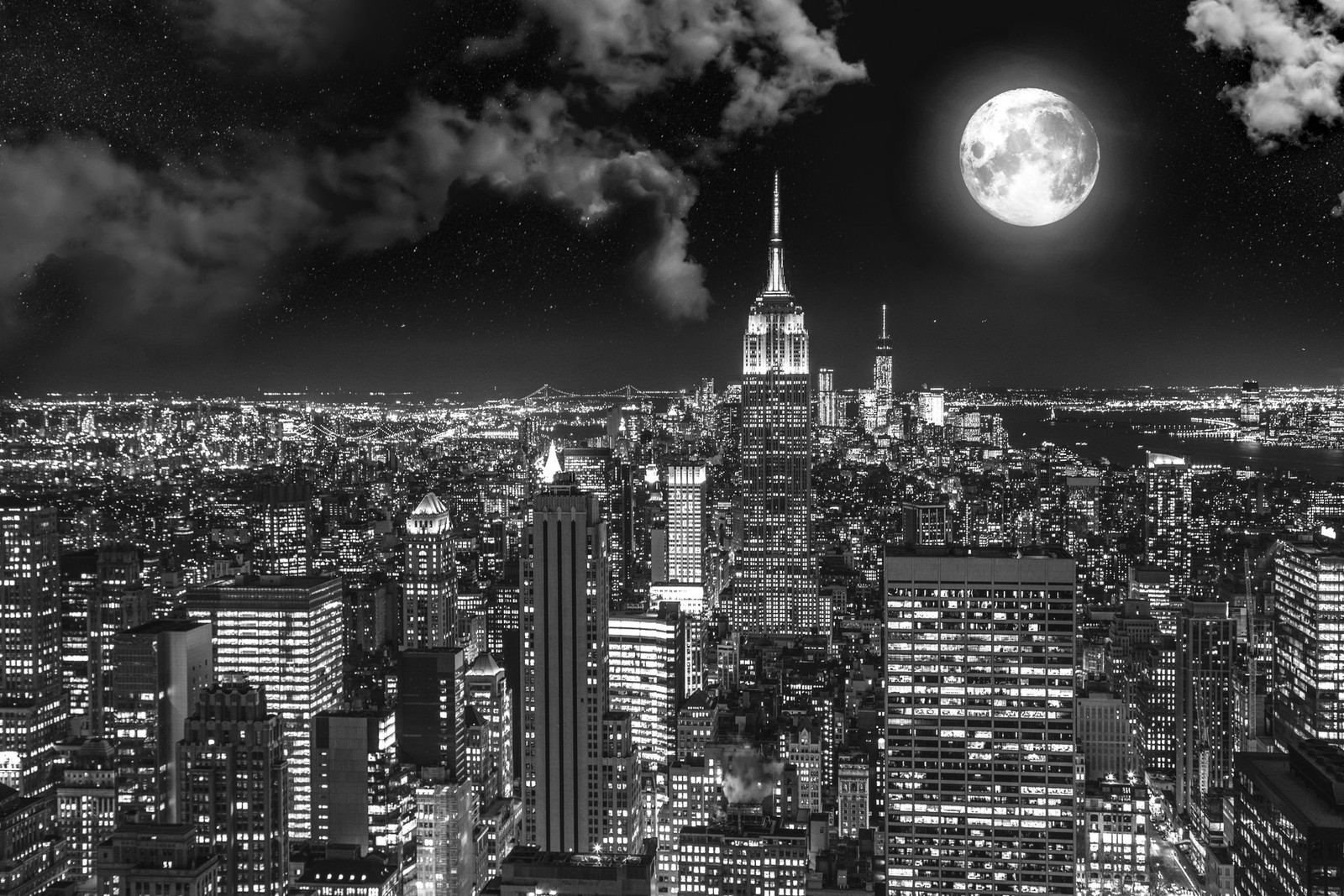 Una foto en blanco y negro de una ciudad de noche con una luna llena (surrealismo, ciudad, paisaje urbano, metrópolis, área urbana)