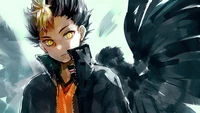 Dynamische Darstellung von Nishinoya Yu aus Haikyuu, mit auffälligen goldenen Augen und einer mutigen schwarzen Jacke, die eine intensive und entschlossene Energie ausstrahlt.