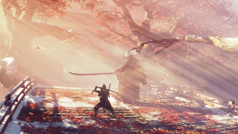 Мужчина в черном одеянии держит меч в лесу (sekiro shadows die twice, видеоигра, босс, битва, порочный монах)