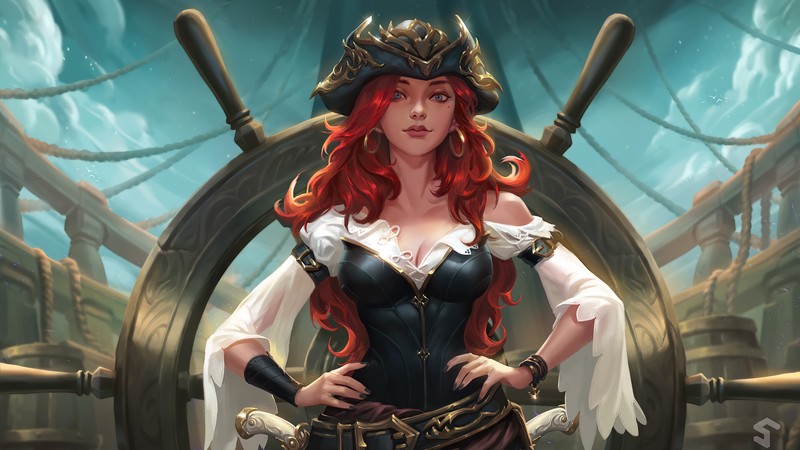 Женщина в пиратском костюме стоит перед кораблем (мисс фортуна, miss fortune, league of legends, lol, видеоигра)