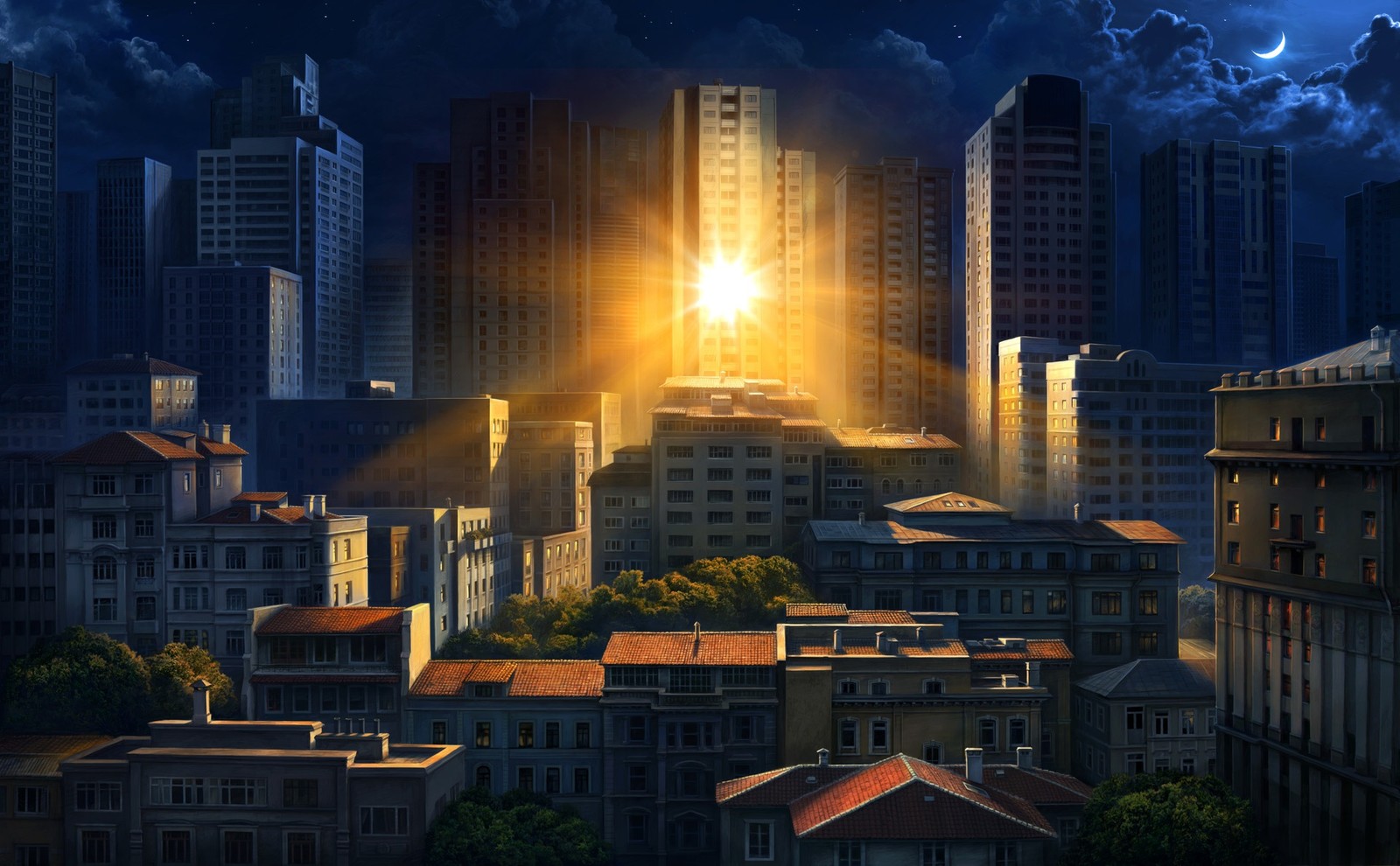 Uma cidade com muitos edifícios altos e um sol brilhante (edifício, arranha céus, atmosfera, dia, mundo)