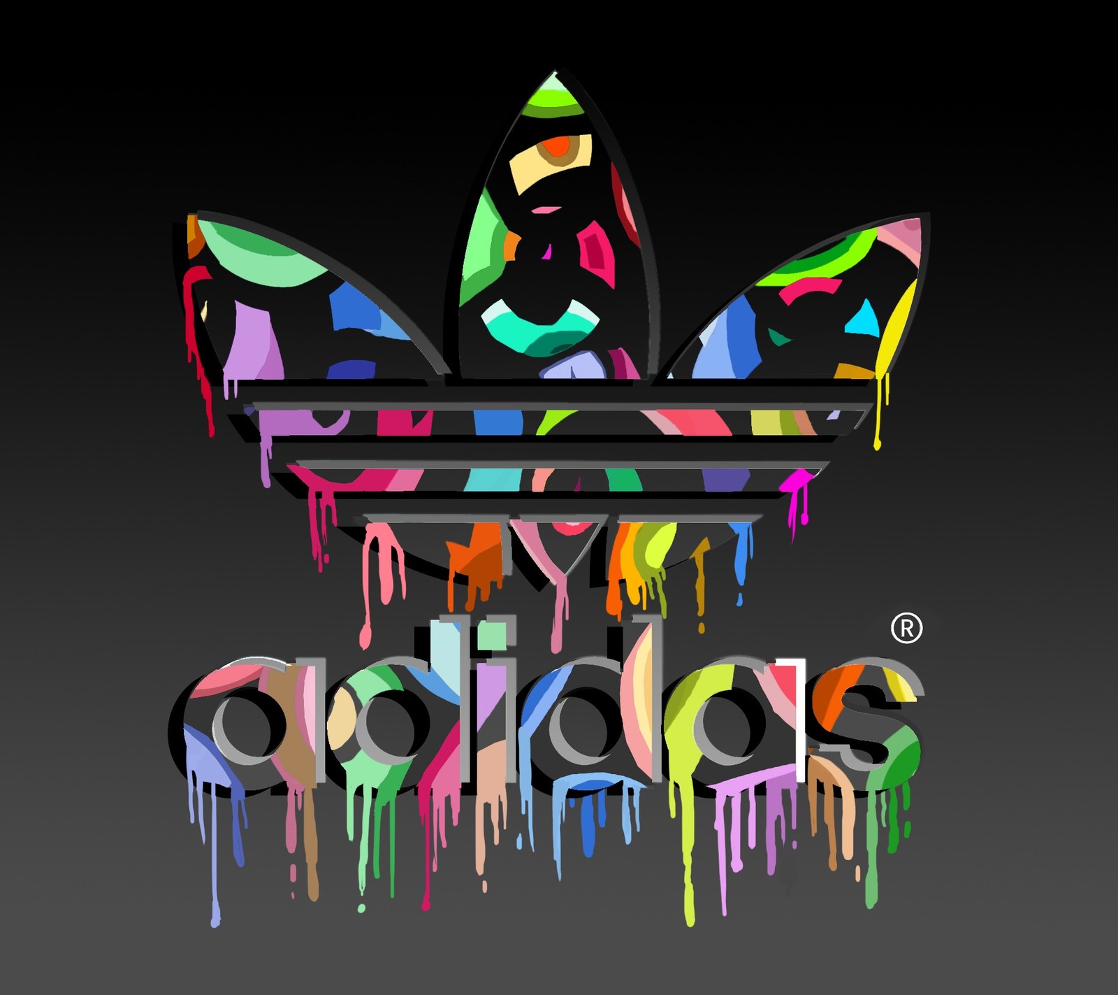 A close up of a colorful adidas logo with paint dripping down (adidas, color, logo)