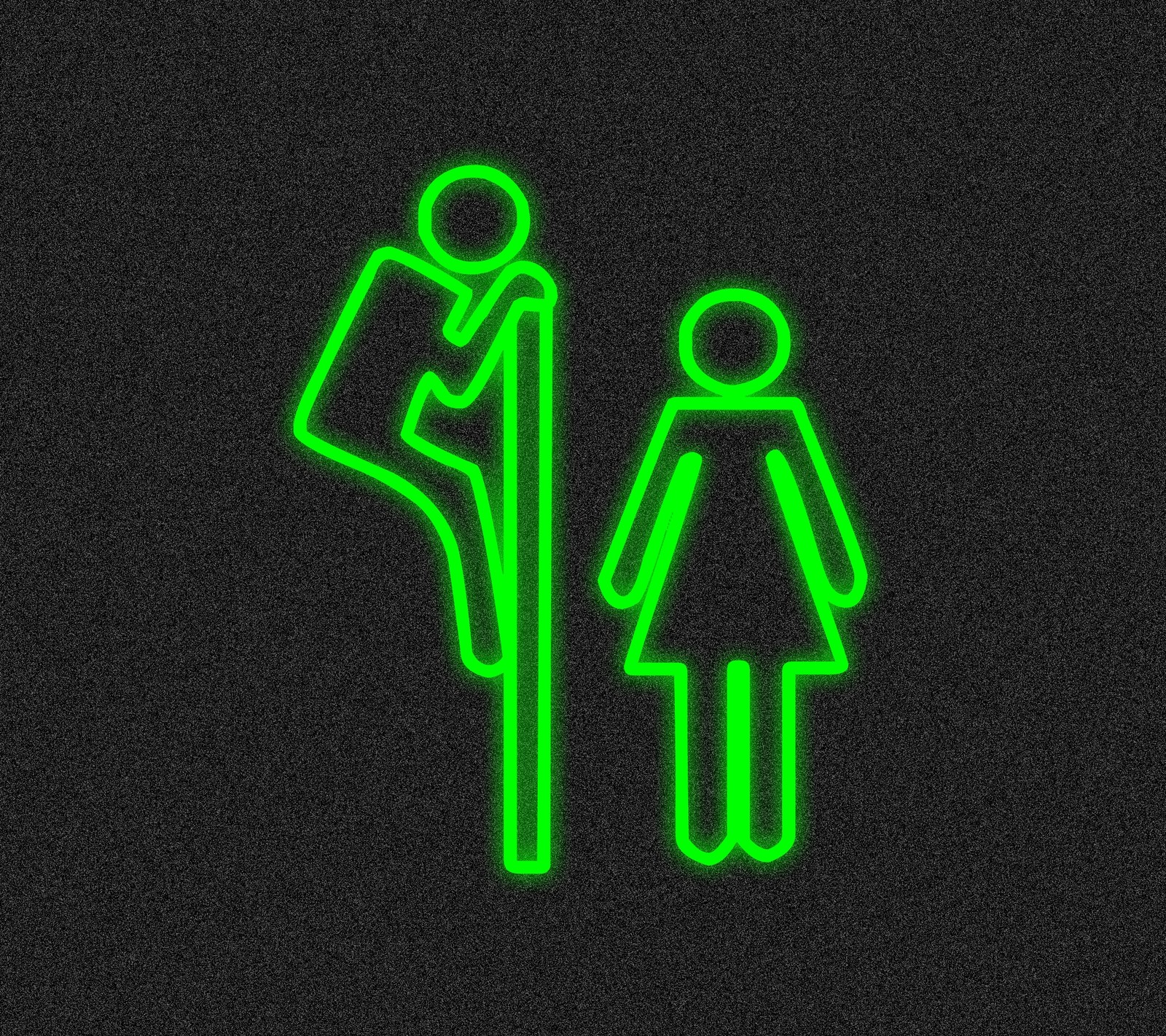 Neon grüne leuchtreklame eines mannes und einer frau, die in einer toilette stehen (verrückt, lustig, grün, neon, zeichen)