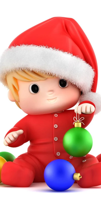 Cute Child in Santa Hat Playing with Colorful Ornaments