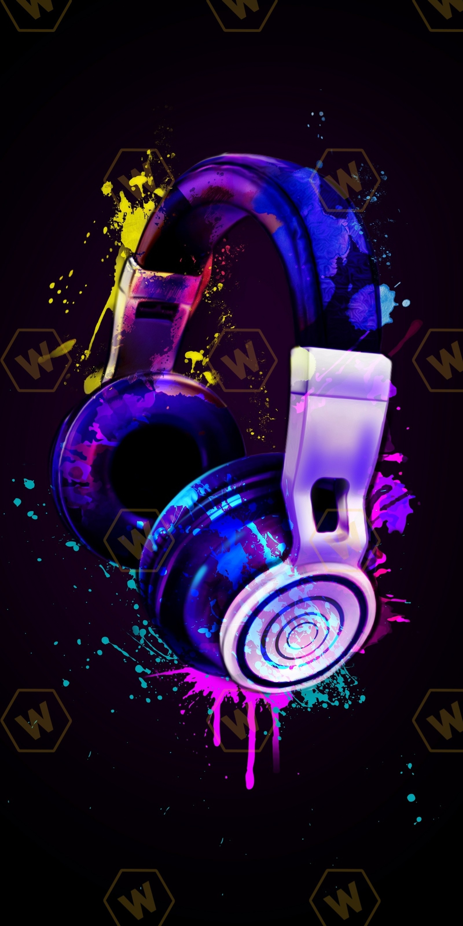 A close up of a pair of headphones with paint splatters (abstract, purple)