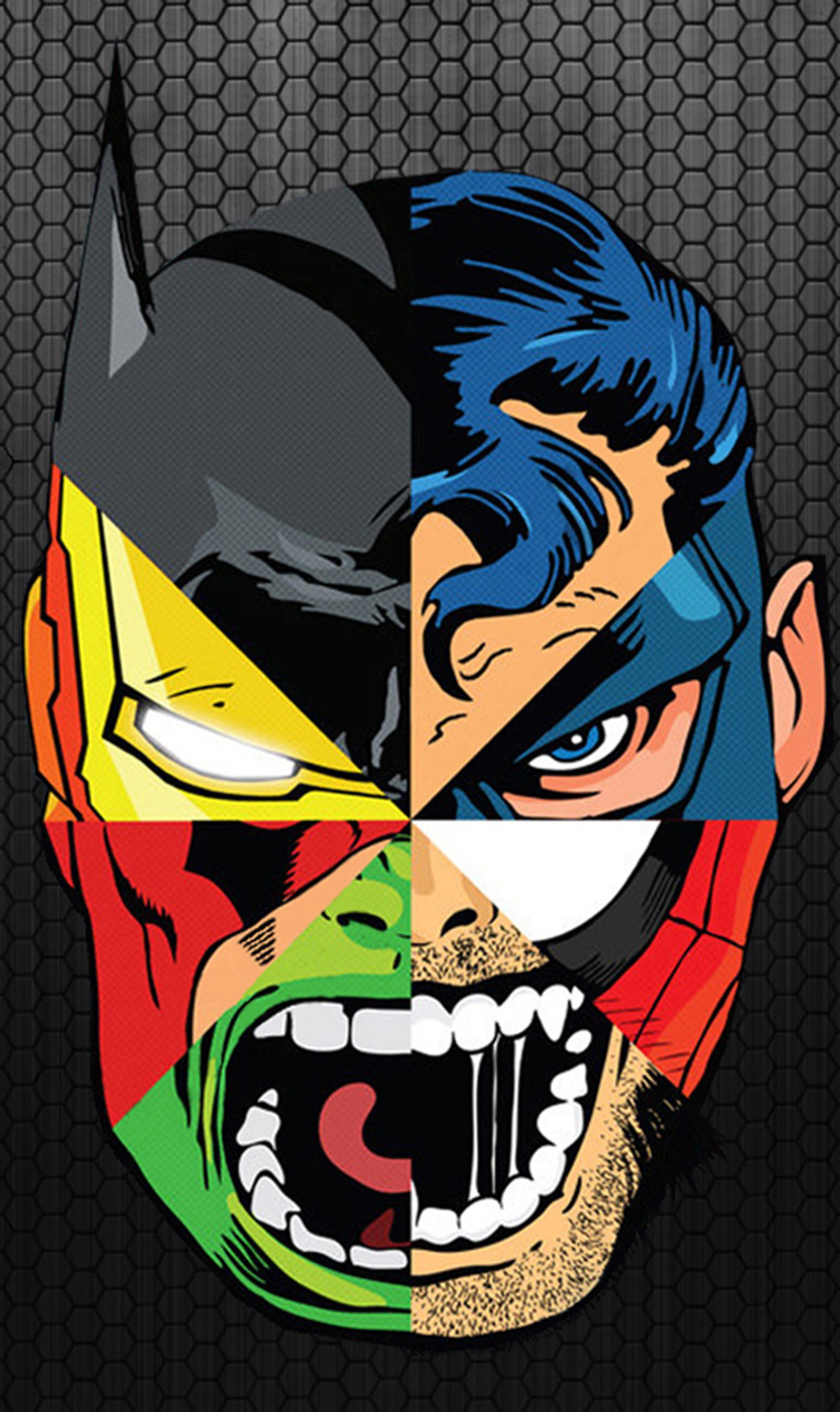 Visage de batman et iron man divisé en deux (batman, hulk, ironman, spiderman, superman)