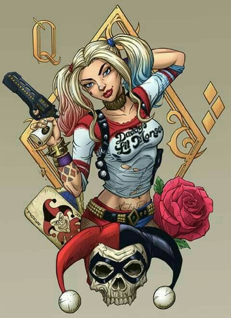 Рисунок женщины с пистолетом и черепом (clown princess of crime, harley quinn, queen, сексуальный)