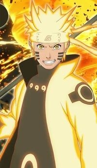 Naruto Uzumaki in a dynamic, fiery pose, radiating energy and confidence.