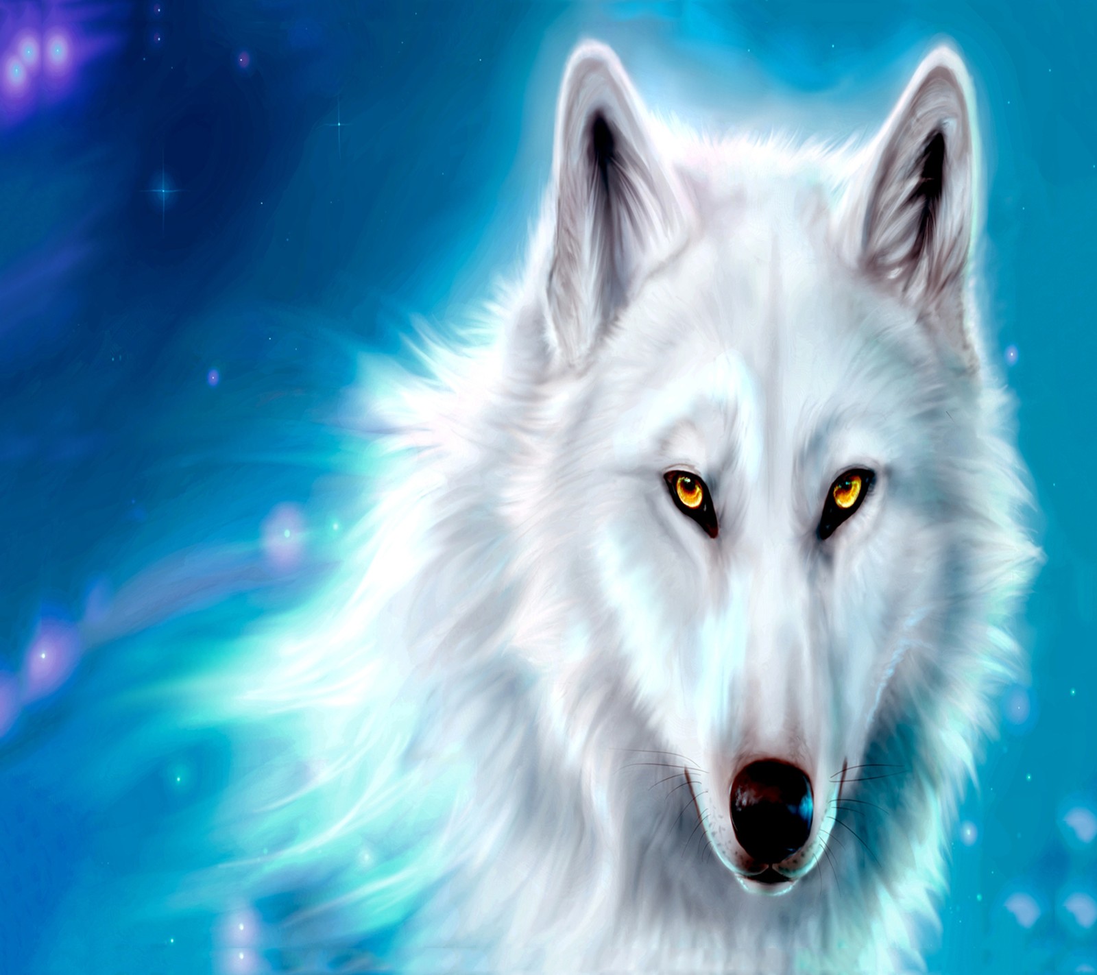 Pintura de un lobo blanco con ojos amarillos y fondo azul (fondo de pantalla, lobo)