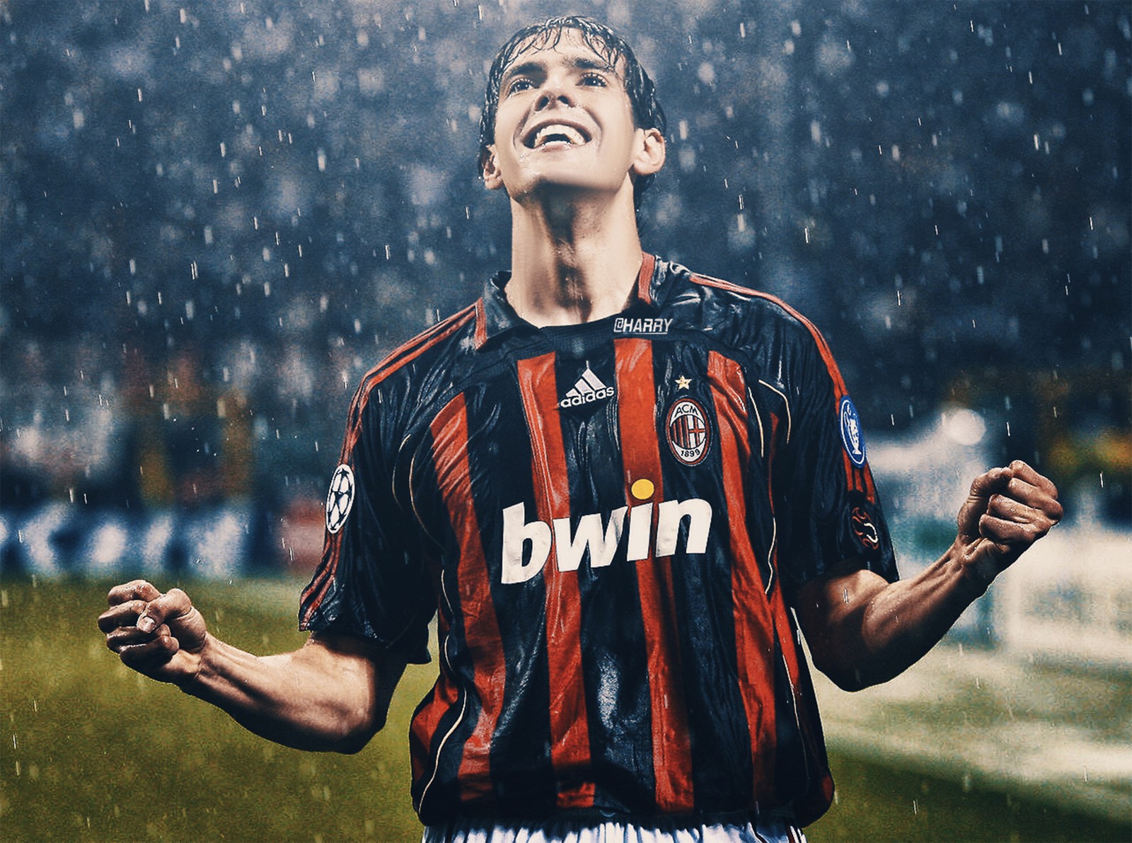 Una imagen árabe de un hombre en uniforme de fútbol parado bajo la lluvia (ac milán, brasil, brasileño, italia, real madrid)