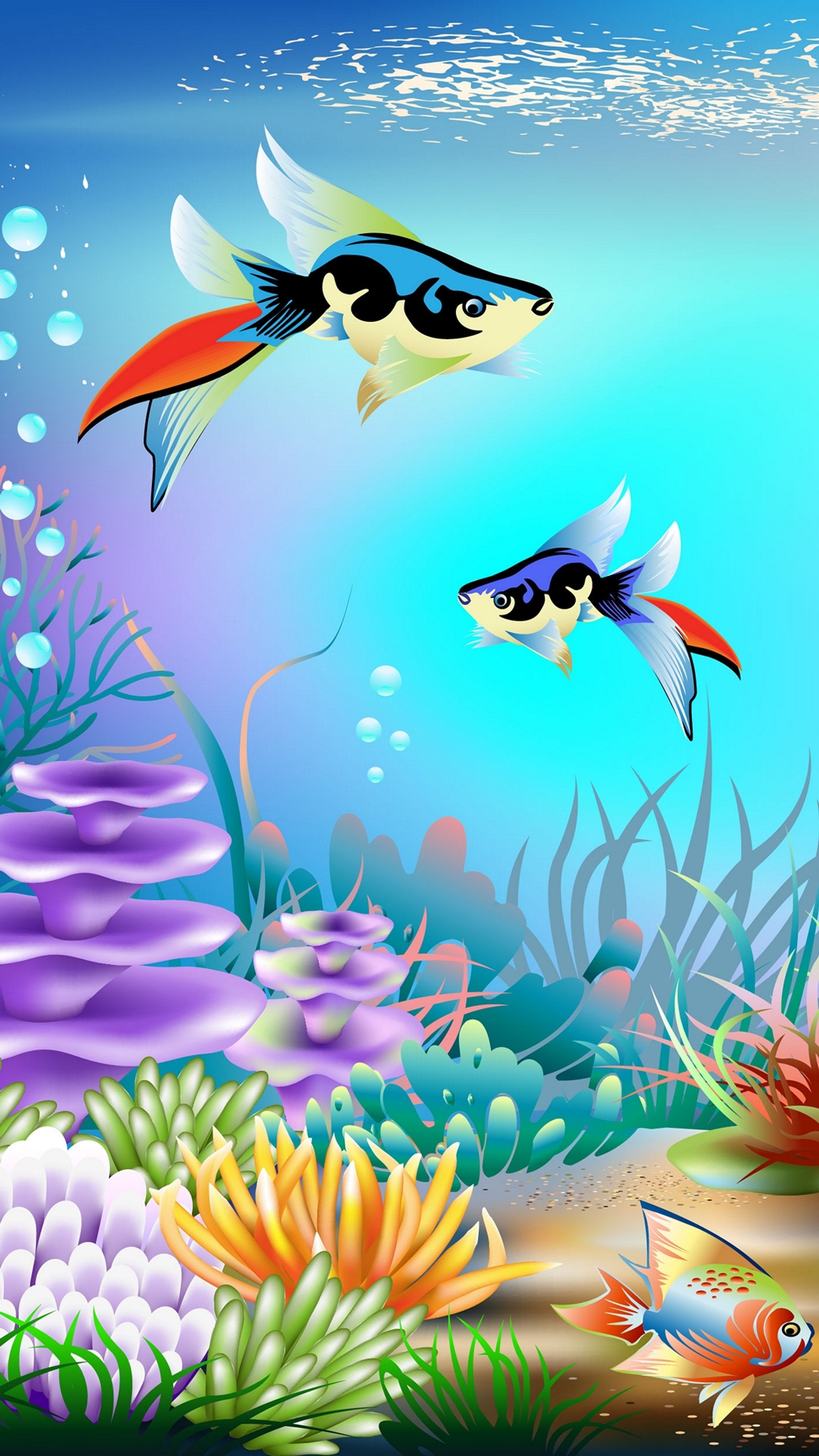 There are two fish swimming in the ocean with corals (sea, seaweed, small fishes, under water)