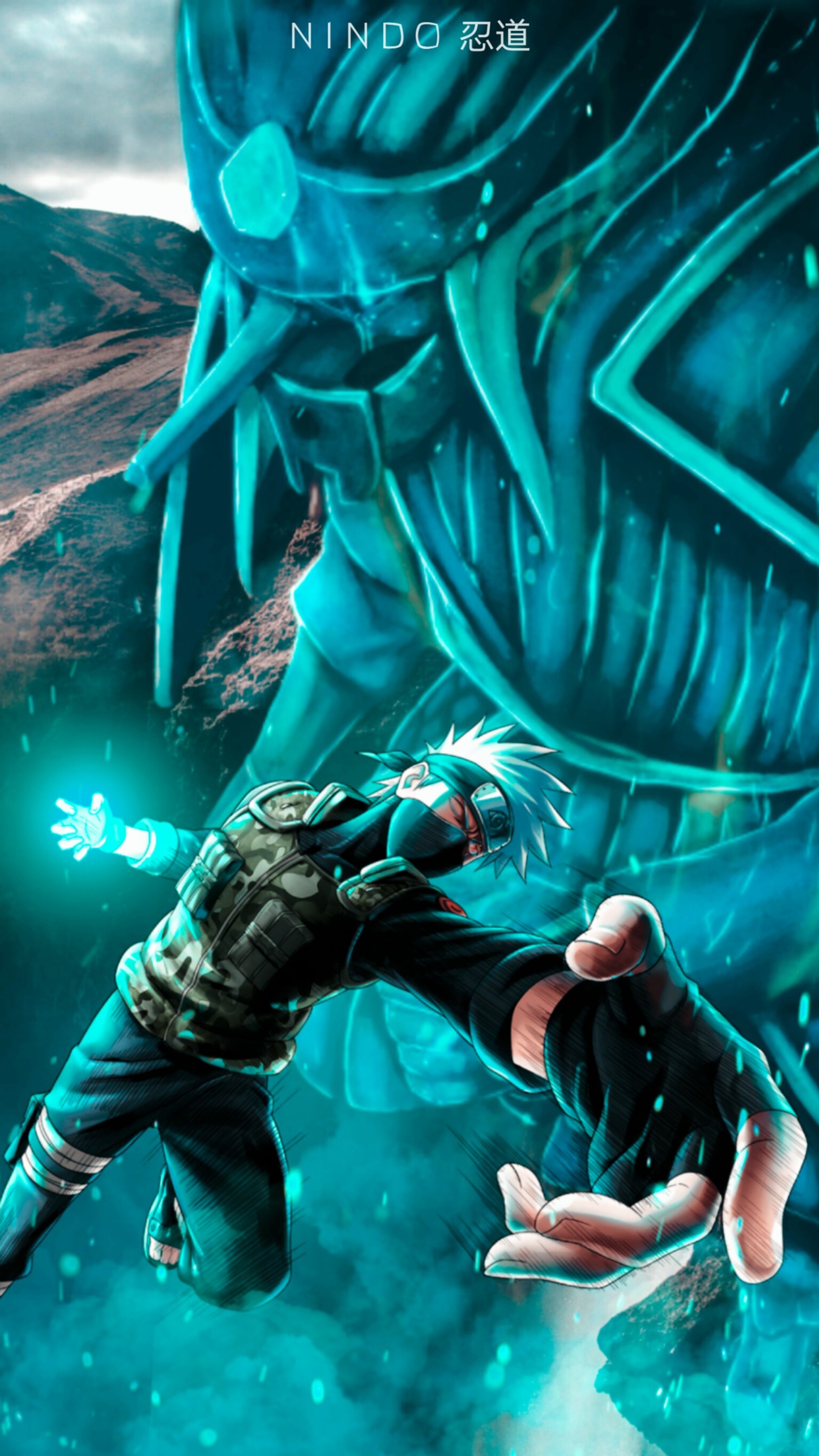 Anime poster of a man in a black outfit reaching for a giant blue creature (chidori, itachi, kakashi, kakashi hatake, madara)