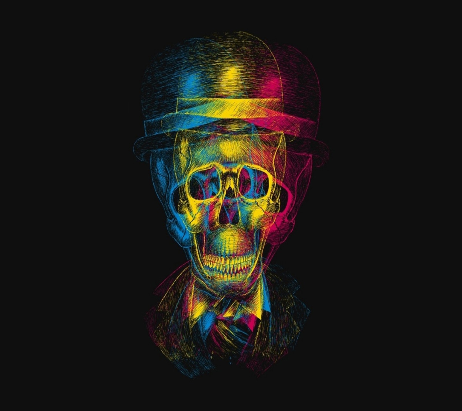 Un dibujo colorido de una calavera con un sombrero (calavera, fondos de pantalla)