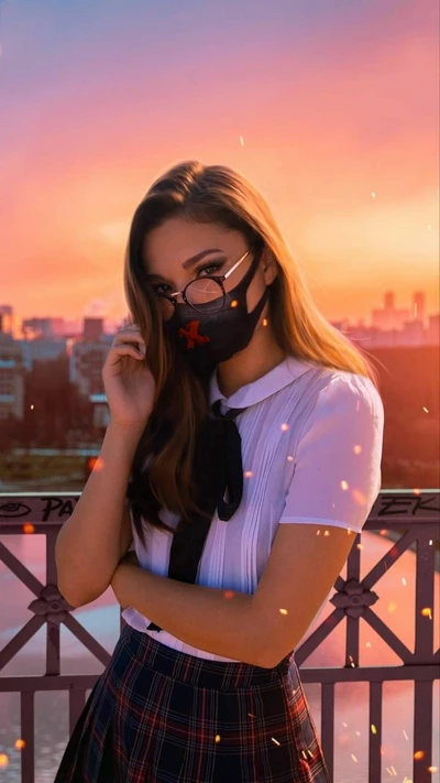 Retrato elegante de una chica con máscara contra un fondo de atardecer