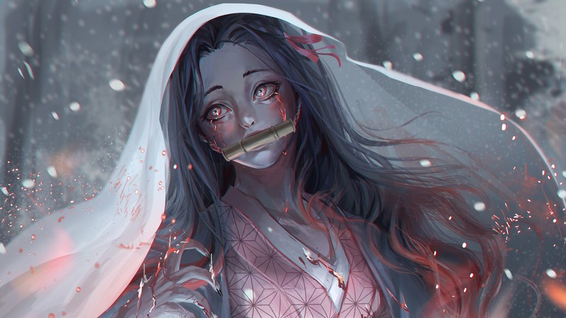 Женщина с ножом во рту и вуалью на голове (nezuko kamado, kimetsu no yaiba, убийца демонов кимэцу но яиба, demon slayer kimetsu no yaiba, 鬼滅の刃)