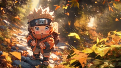 Chibi Naruto Uzumaki in einem ruhigen Herbstwald, umgeben von lebhaften fallenden Blättern.