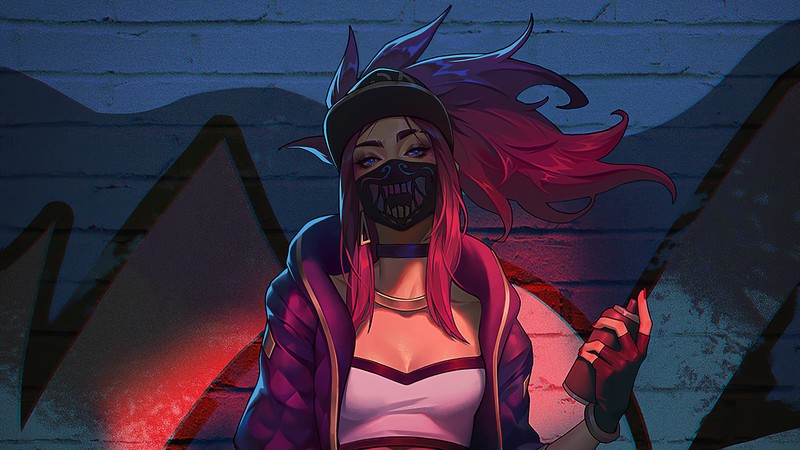 Аниме-девушка с фиолетовыми волосами и маской держит нож (акали, akali, kda, lol, league of legends)