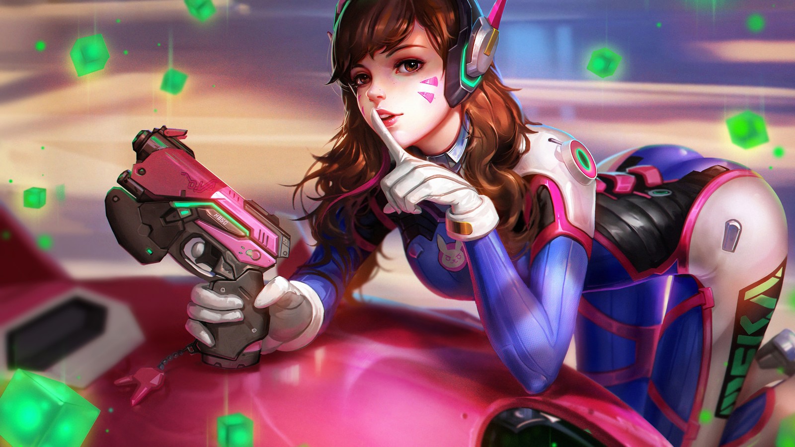 A close up of a woman with a gun in her hand (dva, overwatch, video game)