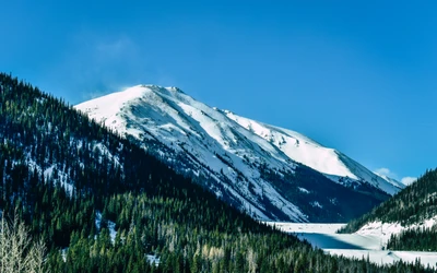 Snow-Capped Mountain Ridge Against a Clear Blue Sky