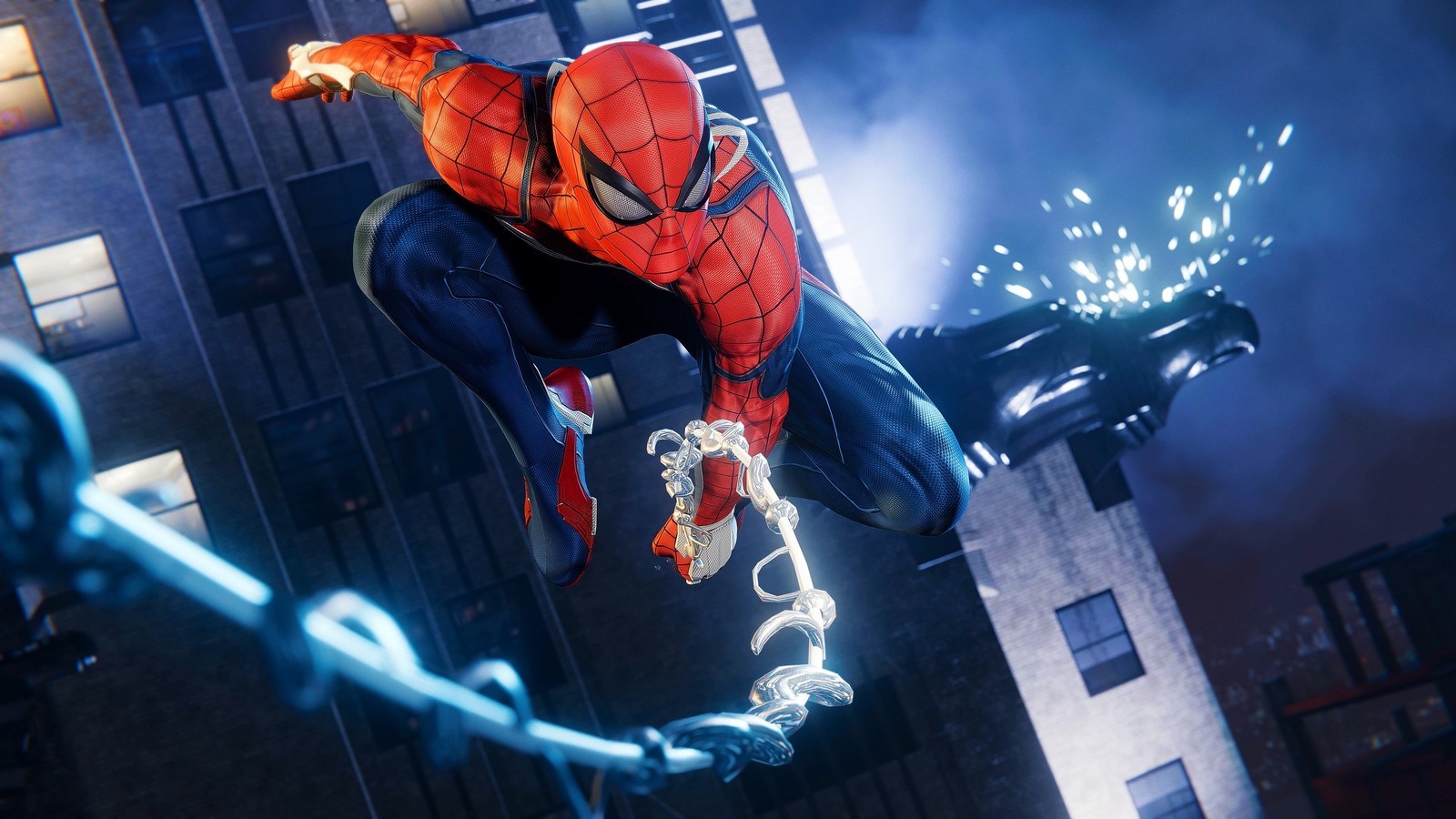 Spider-man saute au-dessus d'une ville dans le jeu animé spider-man. (marvels spider man remastered, new york, new york city, jeux pc, spiderman)