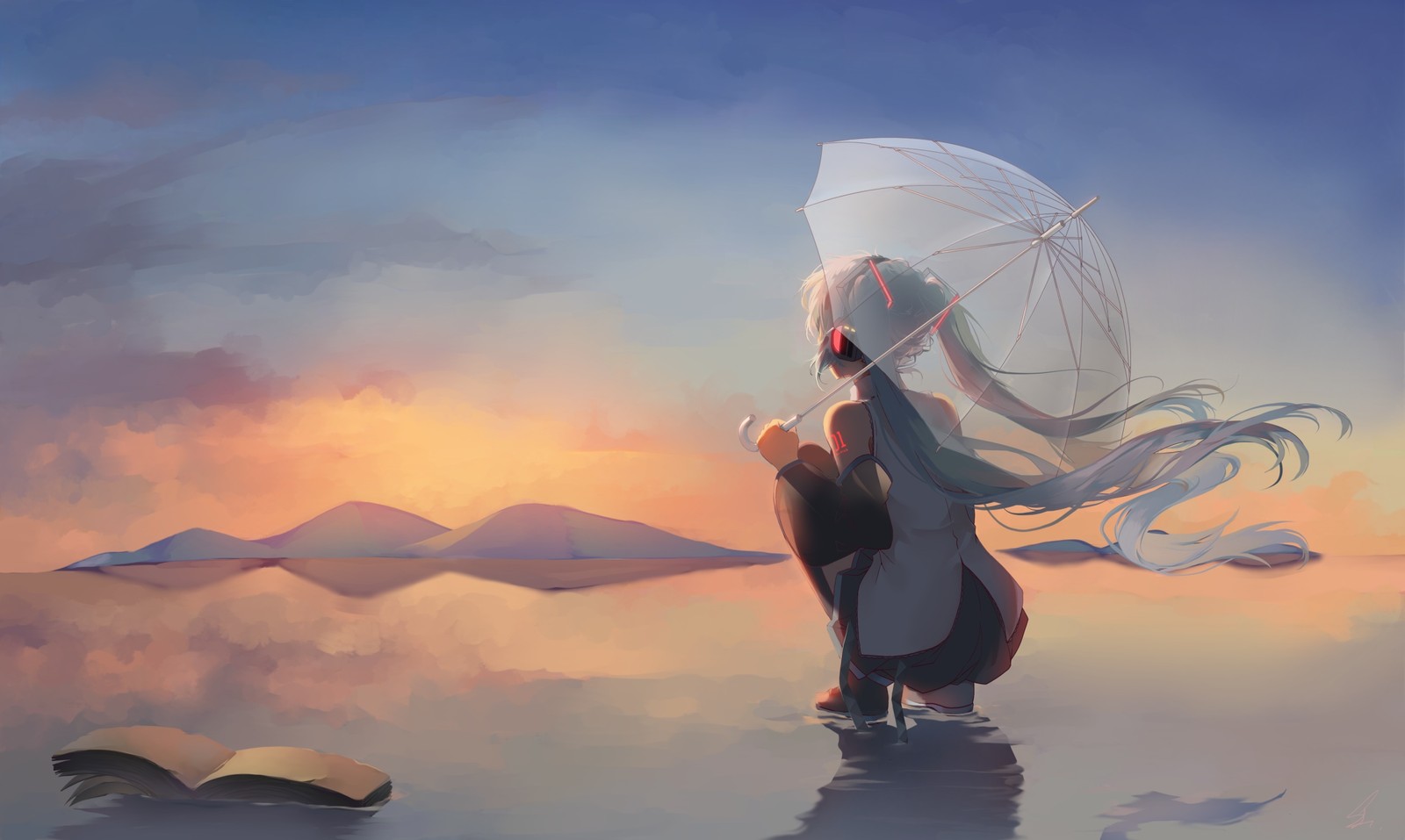 Anime, girl, water, umbrella, watercolor, sunset, clouds, water, watercolor (hatsune miku, vocaloid, anime, illustration, calm)