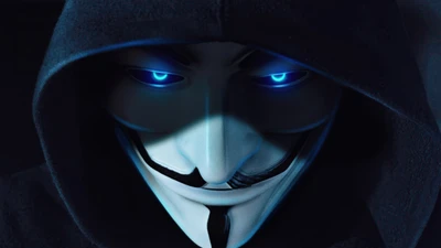 Masked Figure with Electric Blue Eyes in Dark Hooded Attire