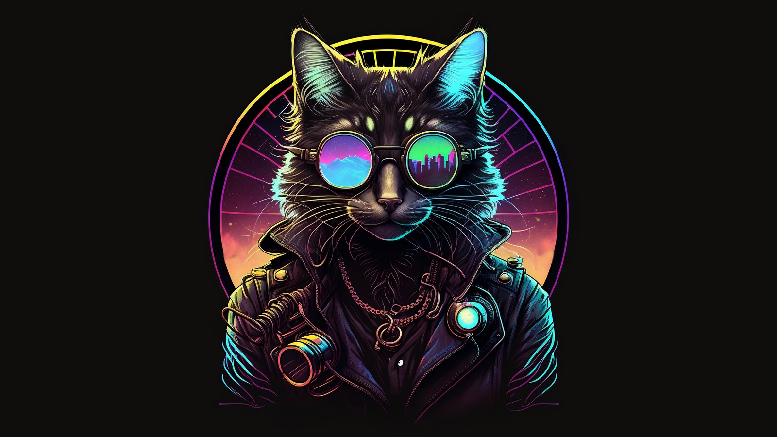 Um gato usando óculos de sol e uma jaqueta de couro (gato, midjourney, arte de ia, ai art, jaqueta de couro)