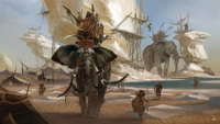 Epic landscape featuring grand elephants and soldiers in ancient attire, set against a backdrop of towering sails and a vast desert, embodying the spirit of adventure and artistry in "Assassin's Creed" universe.