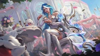 Ashe desfrutando de chá em meio a um jardim floral em League of Legends