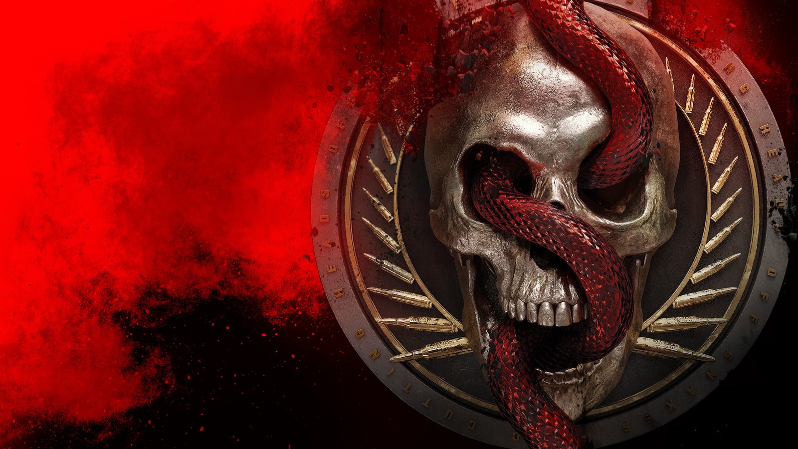 Un cráneo y una serpiente en un escudo con humo rojo (call of duty modern warfare 3, juegos 2023, mw3, juegos, fondo de pantalla 4k)