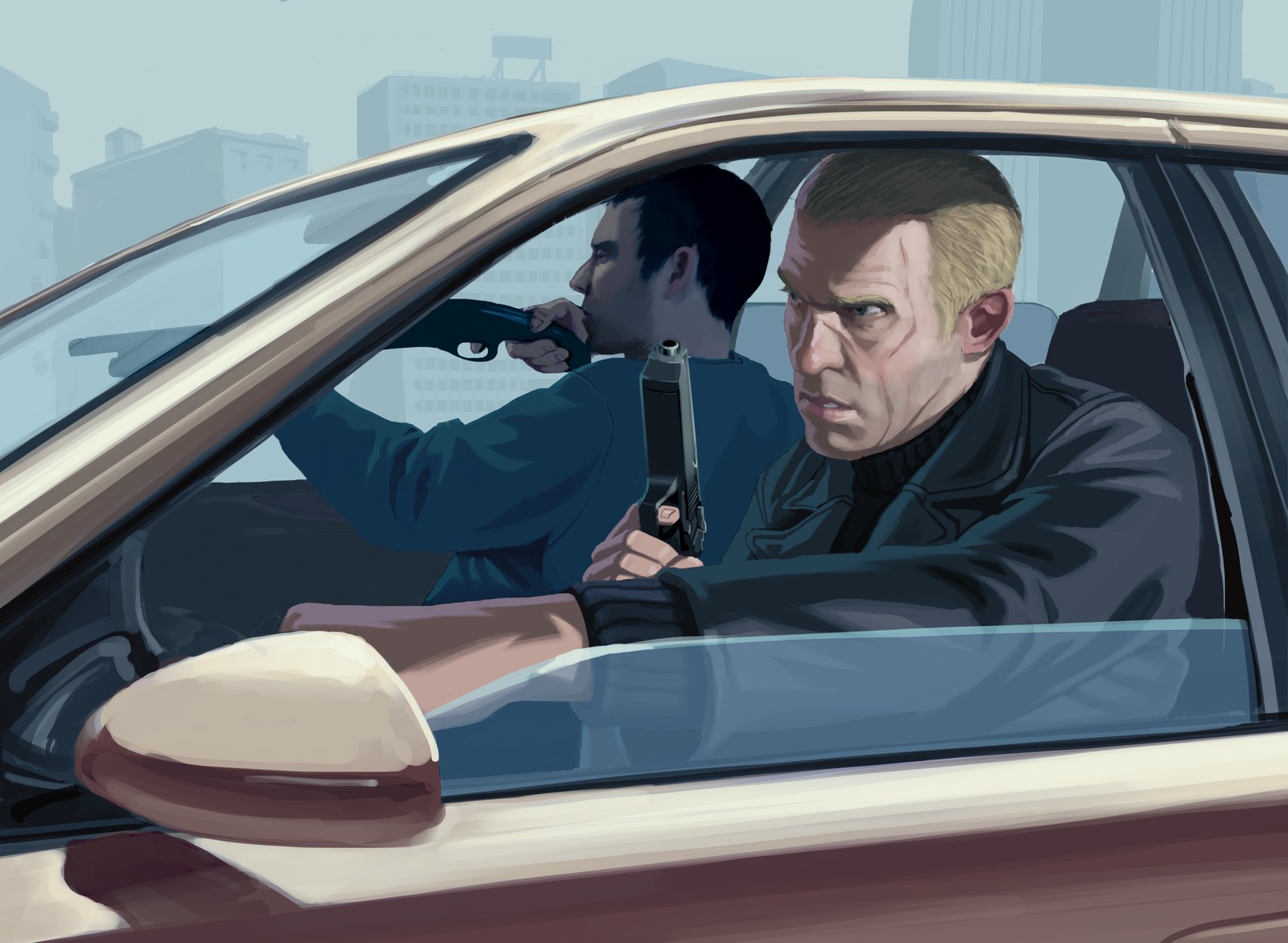 Мужчина в машине с мобильным телефоном в руке (grand theft auto iv, гранд зефт авто v, grand theft auto v, нико беллик, niko bellic)