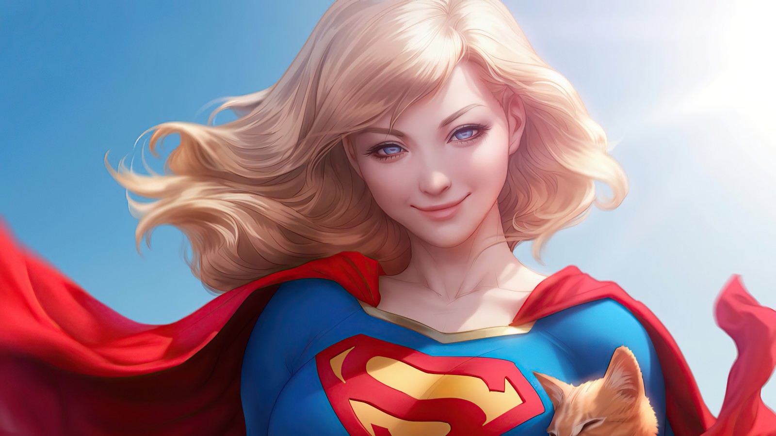 Un primer plano de una mujer en un disfraz de superman sosteniendo un gato (supergirl, dc comics, superhéroe, cómics, cómic)