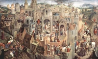 Une peinture à l'huile détaillée représentant une scène de ville médiévale animée, avec une grande foule engagée dans diverses activités, avec une architecture grandiose et des figures historiques dans une représentation artistique vibrante de la vie urbaine.