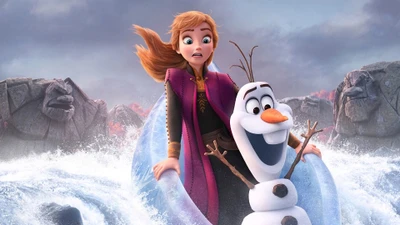 Anna e Olaf navegando uma emocionante aventura através de ondas geladas em "Frozen 2".