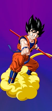 Goku Joyfully Riding a Nimbus Cloud in Super Saiyan Form