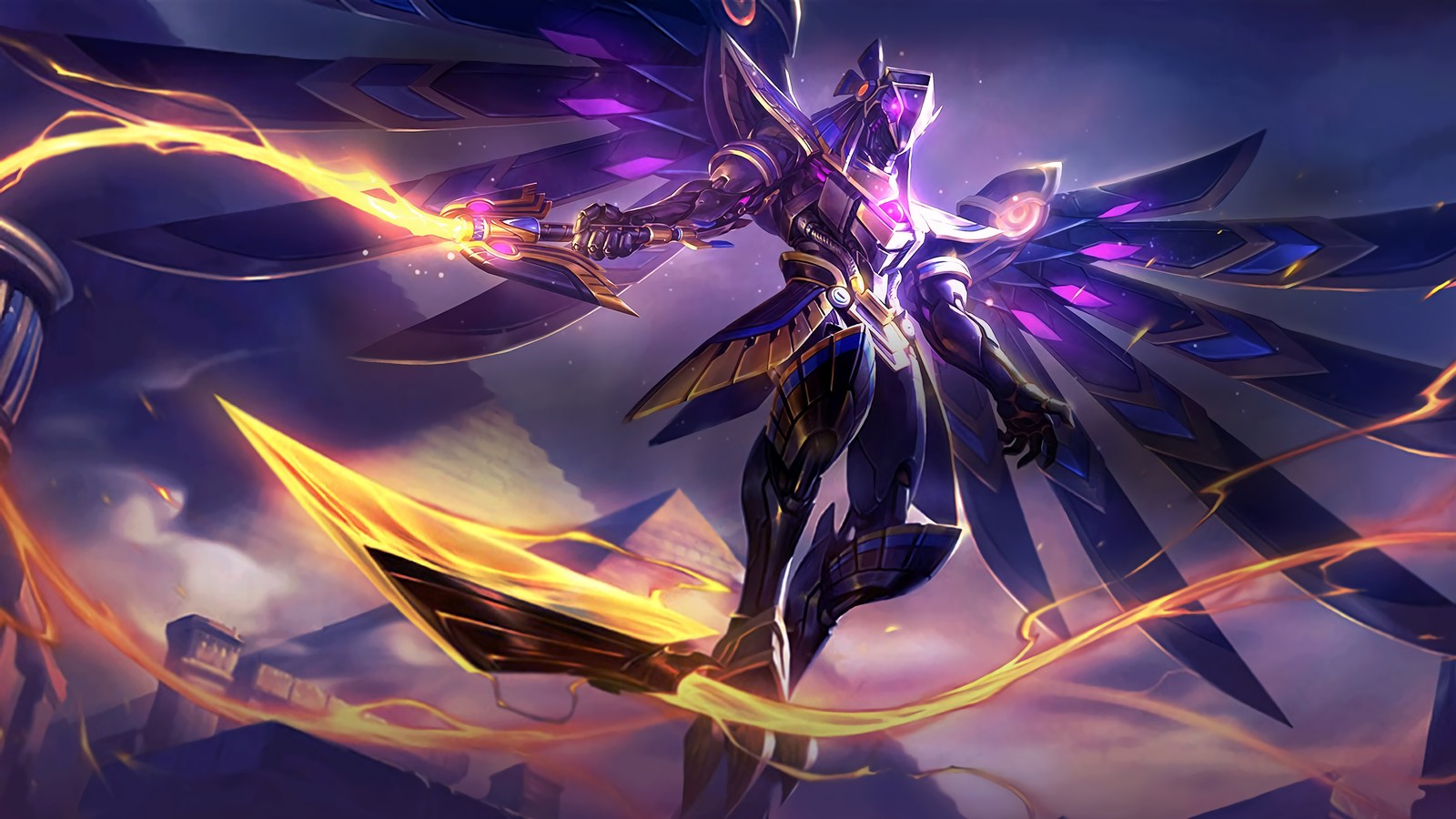 Une femme en costume violet tenant une épée et une flamme violette (kaja, skyblocker, peau, mobile legends, bang bang)