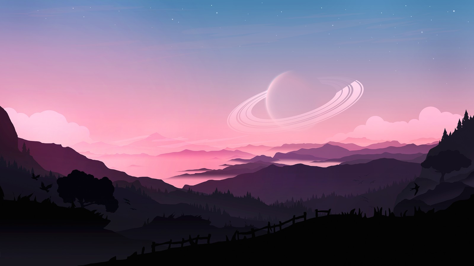 A view of a mountain range with a ring in the sky (mountain, scenery, landscape, sky, planet)