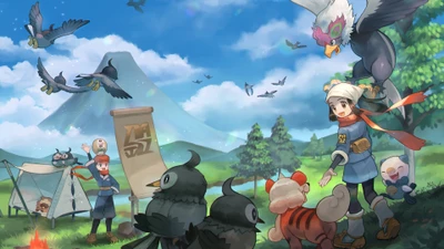 Erforschung von Hisui: Akari und Rei mit Hisuian Pokémon in einer malerischen Landschaft