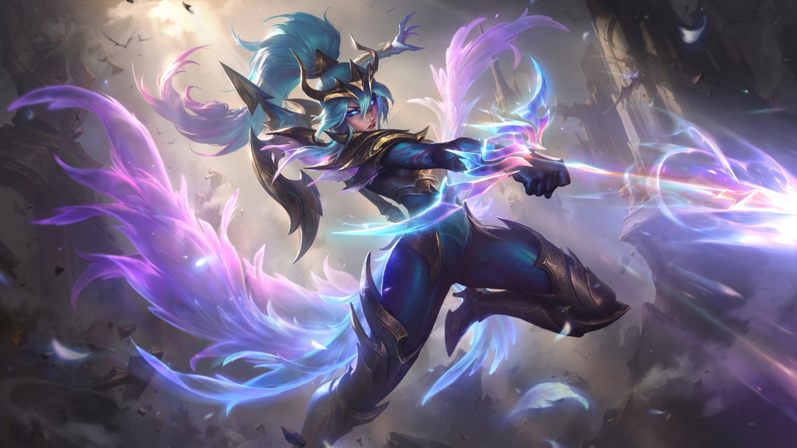 A woman in a blue outfit holding a sword and a light saber (warrior of order, vayne, skin, league of legends, video game)