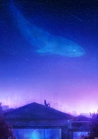 Dreaming Beneath a Starry Sky: A Girl on a Rooftop Gazes Up at a Whimsical Whale