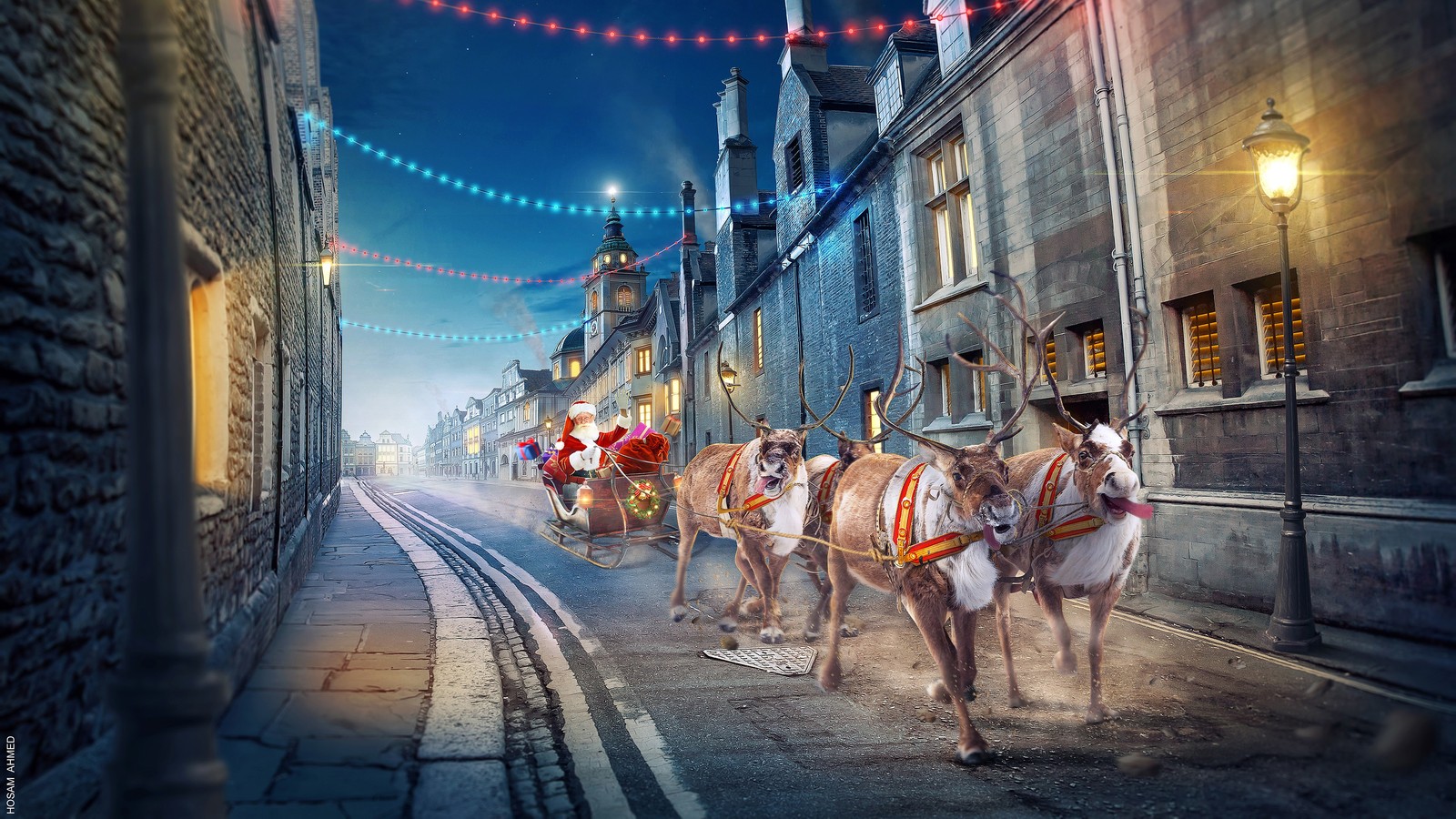 There are many horses pulling a carriage down the street (santa claus, santa clauss reindeer, horse, building, road surface)