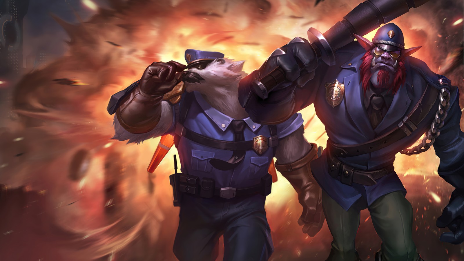 Two men in uniforms are fighting with a large gun (captain, volibear, rework, new, skin)